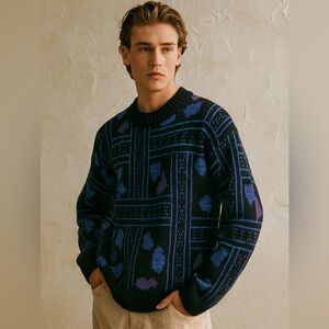 Men's Vintage Black Blue & Purple Knit Sweater | Retro Geometric Pattern Size S